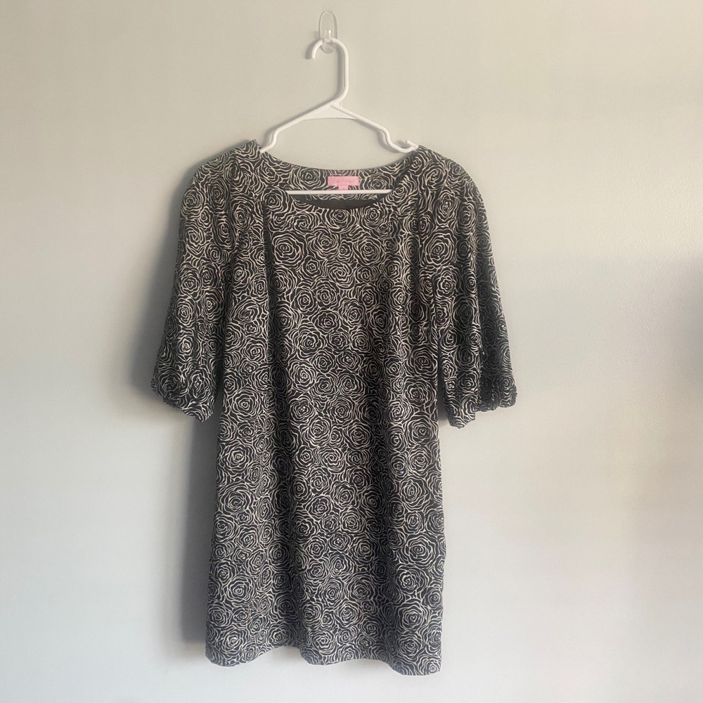 Lilly Pulitzer Black White Floral Dress Silk Blend Half Puff Sleeves Short Sz 4